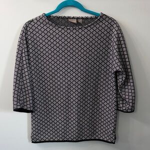 Chico’s Black & White Boat Neck 3/4 Sleeve Geometric Top Fringe Hem Size Small